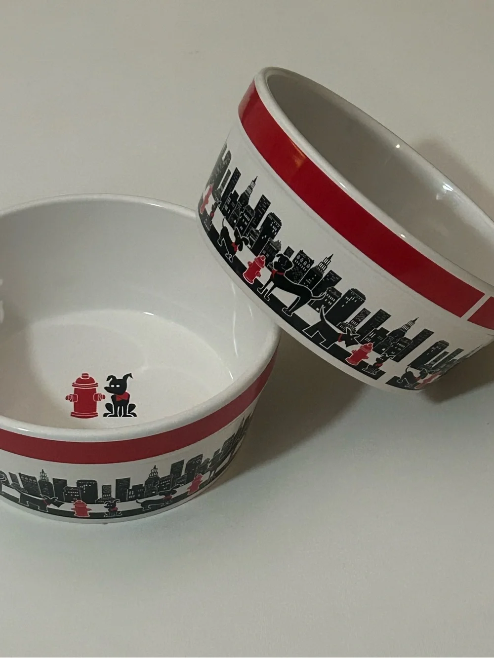 Dog Bowl Set of Two City Pets Red White Black Urban Loft Retro Ceramic Food Big